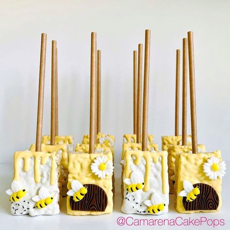 Bee Party Treats, Sunflower And Bee Dessert Table, Bumble Bee Rice Krispie Treats, Bee Rice Krispie Treats, Bee Dessert Table, Bee Desserts, Rice Krispie Treats Variations, Appreciation Themes, Baker Baker