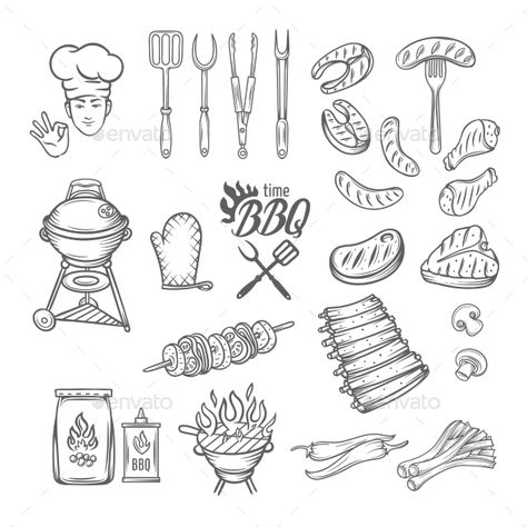 Bbq Drawing Simple, Meat Drawing, Bbq Feast, Chef Tattoo, Bbq Night, Diy Cookbook, Embroider Ideas, Wine Images, Bullet Art