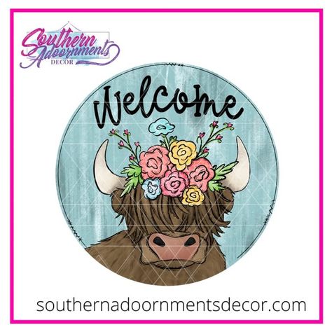 Lola the Spring Highland Highland Cow Door Hanger, Southern Decor, Paper Supplies, Porch Sign, Painted Doors, Porch Signs, Paint Party, Learn To Paint, Highland Cow