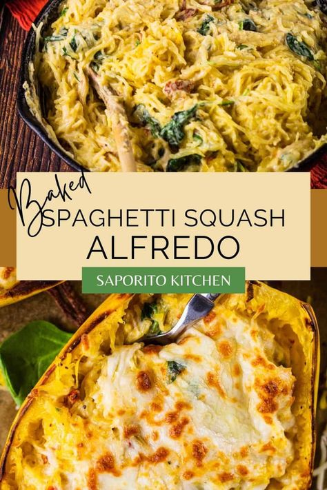 Baked Spaghetti Squash Alfredo Boats - Saporito Kitchen Baked Spagetti, Baked Spaghetti Squash Recipes, Spaghetti Squash Alfredo, Vegetarian Alfredo, Squash Alfredo, Roasted Spaghetti Squash, Spinach Alfredo, Cooking Spaghetti, Best Spaghetti