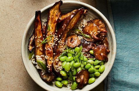 Miso Aubergine & Shiitake Mushroom Rice Bowls Recipe | Waitrose & Partners Miso Rice, Miso Aubergine, Vegetarian Rice, Soy Butter, Mushroom Rice, Mushroom Salad, Edamame Beans, Rice Bowls Recipes, Shiitake Mushroom