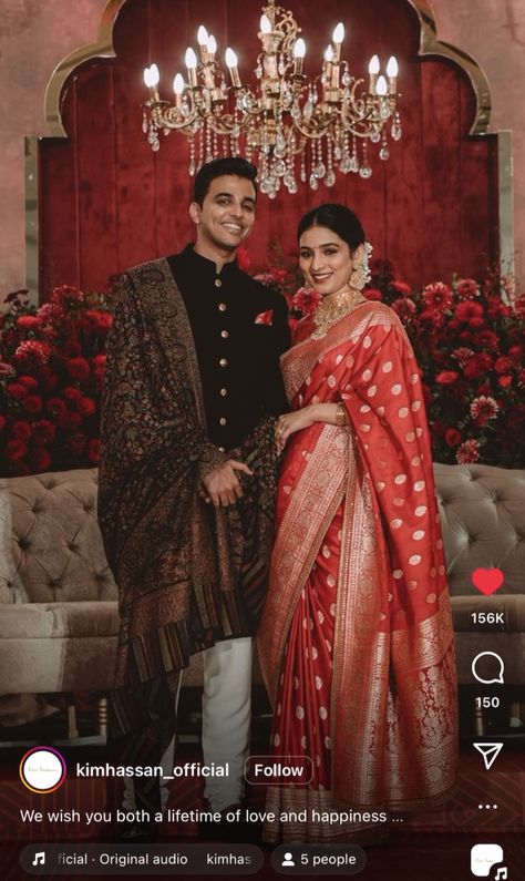 Reception Look Bride Indian, Engagement Outfits Indian Couple, Indian Wedding Reception Outfit, Reception Saree For Bride, Indian Reception Outfit, Indian Bridal Wear Red, Indian Wedding Reception Outfits, Wedding Reception Outfit, Engagement Saree