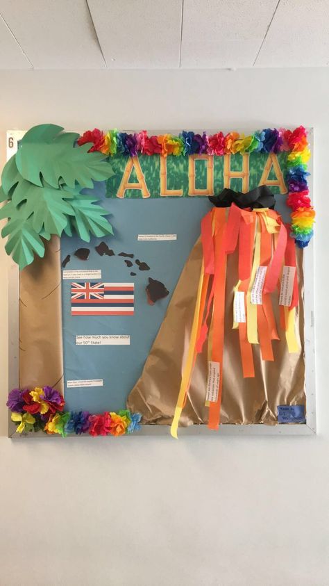 Hawaii bulletin board idea Island Bulletin Board Ideas, Hawaii Bulletin Board Ideas, Hawaiian Bulletin Board Ideas, Goals Bulletin Board, Ag Science, Seasonal Bulletin Boards, Classroom Designs, Beach Decorations, Summer Bulletin Boards