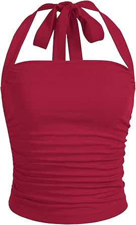 SOLY HUX Women's Ruched Halter Y2K Crop Tops Tie Back Sleeveless Slim Fit Cami Tops Plain Red, Y2k Crop Top, Halloween Costume Outfits, Red Top, Cami Tanks, Tie Backs, Cami Tops, Tie Back, Halloween Costumes