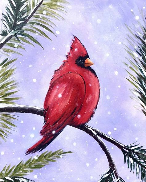 The bachelor cardinal patiently waits in the soft snowfall. Pinots Palette Paintings, Cardinal Painting, Pinots Palette, Painting Parties, Sip N Paint, Best Paint, Painting Classes, Easy Canvas Painting, Winter Painting