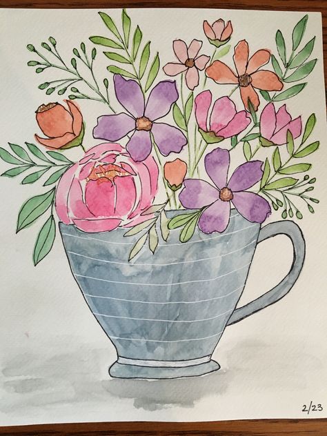 Watercolor Flowers With Pen Outline, Tea Cup Watercolor Painting, Watercolor Flowers In A Vase Paintings, Watercolor Mason Jar Flowers, Loose Watercolor Flowers In Vase, Loose Watercolor Flowers, Vase Flowers, Flowers Paintings, Paintings Tutorials