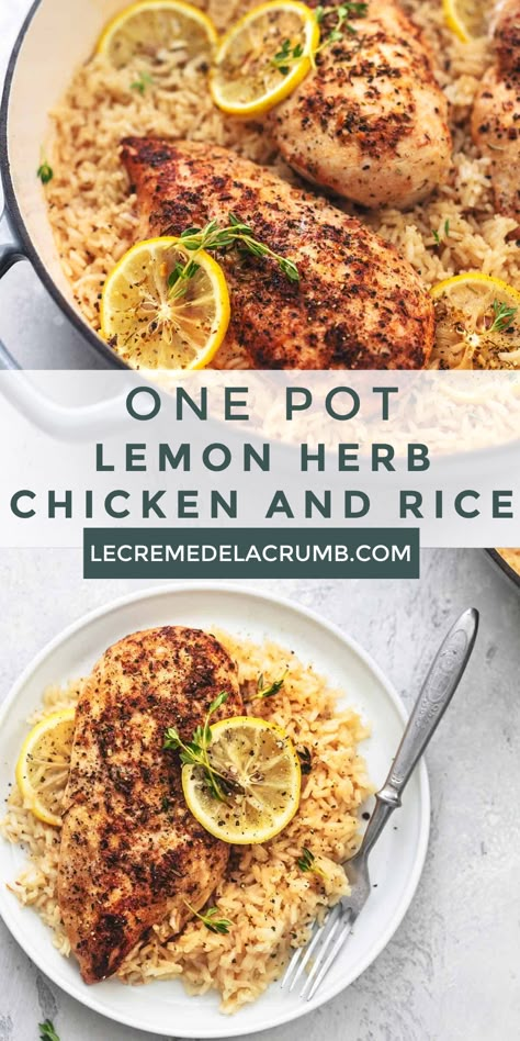 Chicken Rice Recipes One Pot, One Pan Lemon Chicken And Rice, Chickens And Rice Recipes, Chicken 1 Pot Meals, Chicken Lemon Rice Casserole, Lemon Chicken Over Rice, Chicken And Herb Recipes, Lemon Herb Chicken And Rice, Lemon And Herb Chicken Recipes