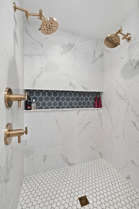 Dave Fox Bathroom Remodel White Marble Shower Tile, Fox Bathroom, Large Shower Tile, Small Bathroom With Tub, White Marble Shower, Marble Shower Tile, Restroom Remodel, Whole House Remodel, Small Full Bathroom