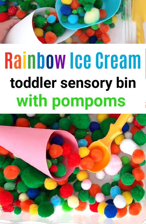 Ice Cream Cone Sensory Bin: Kids will love making rainbow ice cream cones for all their friends with this creative pretend play. Friendship Sensory Bin, Rainbow Sensory Bin, Sensory Processing Activities, Tactile Activities, Toddler Sensory Bins, Prek Crafts, Preschool Learning Toys, Play Based Learning Activities, Homemade Paint