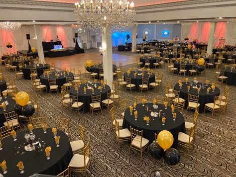 Golden Gala Theme, Black And Gold Banquet, Black And Gold Sweet 16, Black And Gold Gala, 70th Birthday Decor, Soul Train Themed Party, 55th Birthday Ideas, Grad Banquet, School Centerpieces