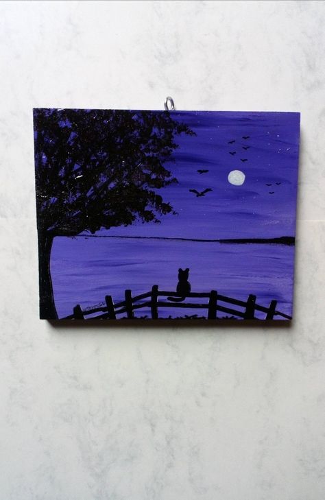 Cat Silhouette on a fence painted wood. Artbyma66 Easy Silhouette Paintings, Black Cat Silhouette, Sunrise Painting, Silhouette Painting, Fence Paint, Black Cat Art, Cat Silhouette, Mini Paintings, Cat Painting