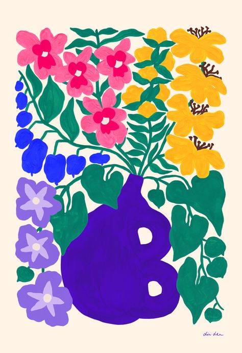 Purple Flowers Illustration, Liv Lee, Purple Illustration, Purple And Yellow Flowers, Blue Berries, Colorful Art Prints, Hand Painted Wall Art, Collaborative Art, Floral Poster