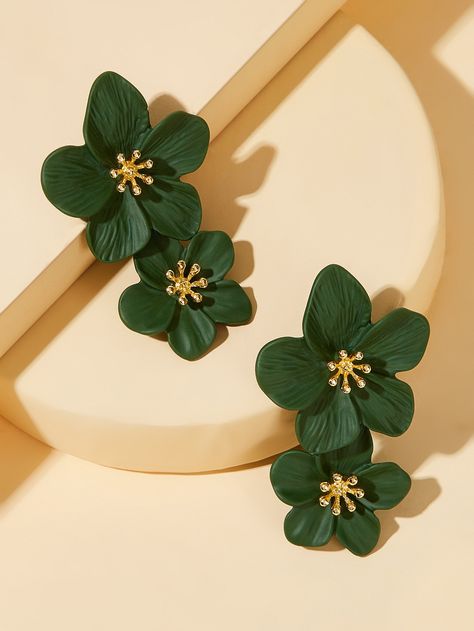 Double Flower Design Earrings 1pair | SHEIN USA Shein Earrings, Shein Jewelry, Design Earrings, Green Flower, Flower Design, Flowers, Green, Design