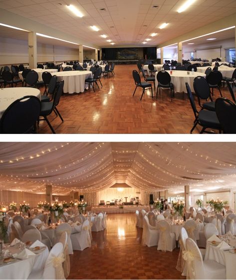 Reception In A Gym, Ceiling Drapes Wedding Reception Halls, Wedding Decorations Banquet Hall, Indoor Hall Wedding Decor, Gym Wedding Reception Decoration Ceiling Draping, Banquet Hall Wedding Decor, Gym Wedding Reception, Small Wedding Hall, Wedding Christian