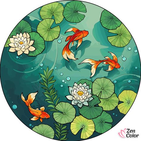 Koi Pond Drawing Simple, Koi Fish Graphic Design, Koi Pond Illustration, Koi Fish Pfp, Koi Pond Drawing, Fish Tank Drawing, Koi Fish Aesthetic, Pond Illustration, Koi Fish Illustration