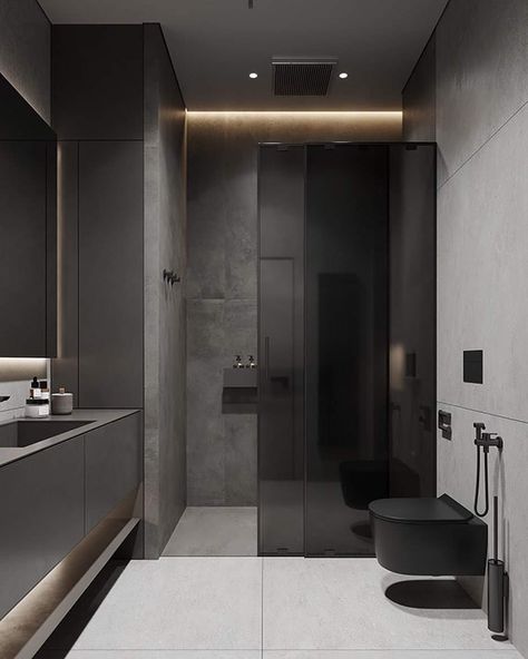 Luxury Washroom Design Master Bath, Black Bathroom Design, Riverside Apartment, Bathroom Redecorating, Bathroom Interior Design Modern, Bathroom Design Black, Modern Bathroom Remodel, Bathroom Decor Luxury, Washroom Design