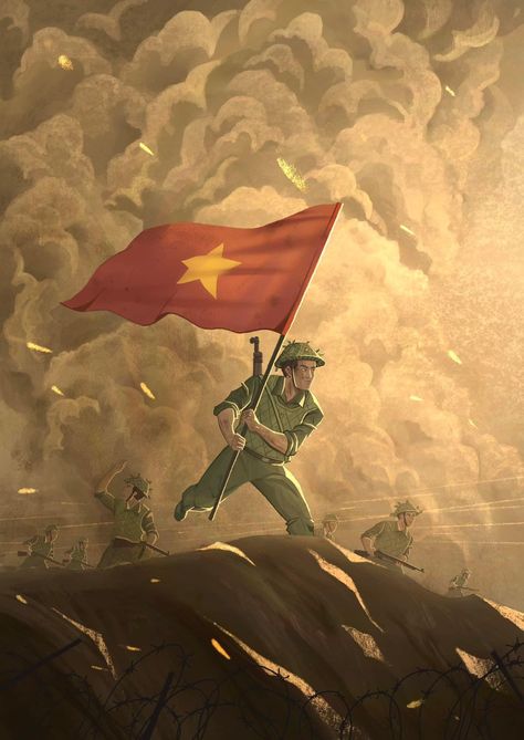 Vietnam Soldier Art, Viet Nam Art, Vietnam Wallpaper, History Of Vietnam, Asian Flags, Destop Wallpaper, Vietnam Flag, Revolution Art, Vietnam History