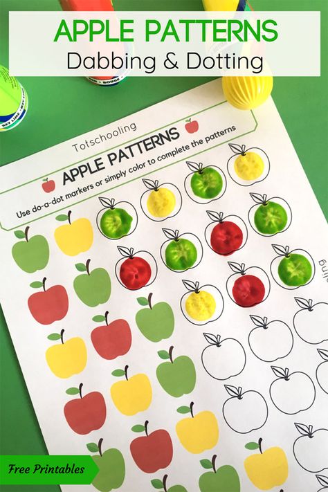 FREE printable Apple themed coloring activity for preschool and kindergarten kids. Use dot markers or any kind of coloring utensils to complete the apple patterns! Great math activity for Back to School or Fall! Preschool Apple Theme, September Preschool, Apple Lessons, Apple Preschool, Fall Preschool Activities, Apple Activities, Do A Dot, Apple Theme, Classroom Art