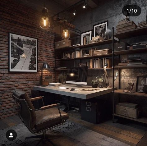 Amazon Industrial Decor, Coolest Home Office, Industrial Room Decor, Home Office Decor Dark, Male Home Office, Dual Office, Dark Home Office, Office Design Inspo, Office Goals