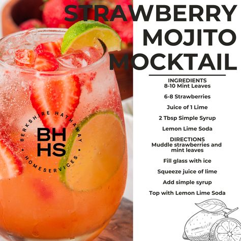 Craving a refreshing weeknight mocktail? Look no further! 🍹 Try this delicious recipe: Strawberry Mojito Mocktail Perfect for unwinding after a long day! Want to spice it up? Just add rum for a delightful twist!  #bhhsmmr #HighlandsNC #CashiersNC #Summer #MountainLiving  #strawberrymojito #recipe Strawberry Mojito Mocktail, Strawberry Mojito Recipe Non Alcoholic, Strawberry Mocktail Recipe, Strawberry Mojito Recipe, Highlands Nc, Mojito Mocktail, Strawberry Mojito, Mocktail Recipe, Strawberry Recipes