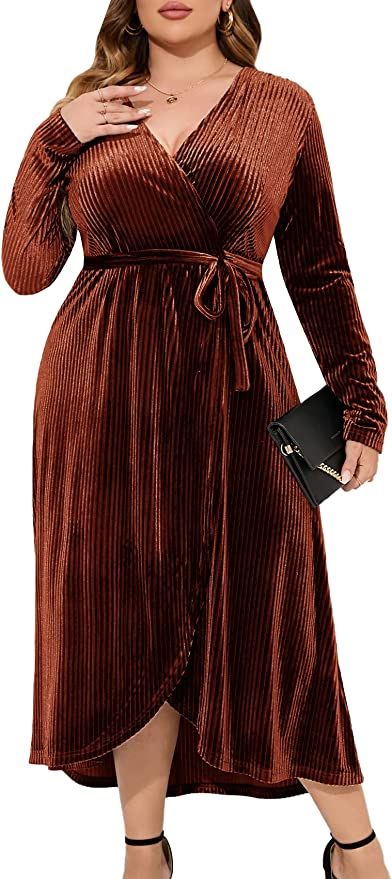 Amazon.com: ZOMVA Plus Size Velvet Wrap Dress Ribbed Long Sleeves Long Maxi Elegant Party Wedding Guest Cocktail, Rust Brown, XX-Large : Clothing, Shoes & Jewelry Floral Wrap Maxi Dress, Velvet Wrap Dress, Fall Wedding Guest, Semi Formal Dress, Wrap Maxi Dress, Maxi Dress Wedding, Maxi Dress Party, Maxi Wrap Dress, One Piece Dress