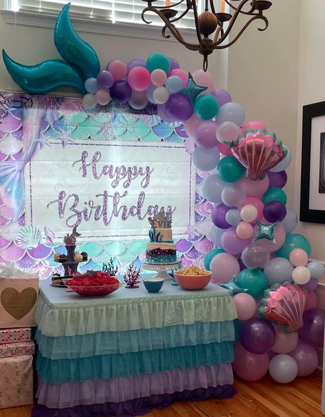 Mermaid birthday party for girls Pink Mermaid Birthday Party Decorations, 2 Year Mermaid Party, Mermaid 3rd Birthday Party Decorations, Unicorn Mermaid Birthday Party Decorations, Mermaid Theme 2nd Birthday Party, Mermaid Party At Home, Mermaid First Birthday Party Decoration, Mermaid Birthday Party Table Set Up, First Mermaid Birthday Party