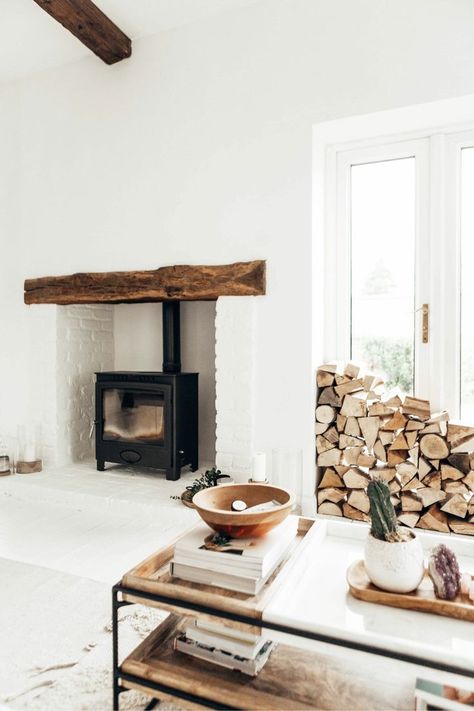 Brick Fireplace White, Wood Burning Stoves Living Room, Fireplace White, Natural Interiors, Wood Stacking, White Brick Fireplace, Painted Brick Fireplace, Brick Fireplace Makeover, Farm Gate