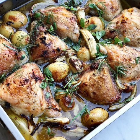 Chicken thigh cutlets with fennel, potatoes and herbs. — The Cordony Kitchen — Amanda Cordony Fennel Potato, Potato Chicken, Cutlets Recipes, Wendy House, One Dish Dinners, Slow Cook, Baked Chicken Thighs, Roast Dinner, Gluten Free Dinner