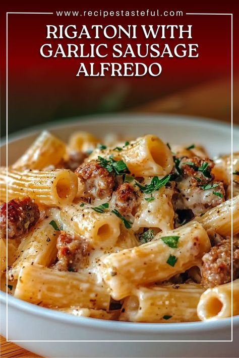 This Creamy Garlic Sausage Alfredo Rigatoni is a comforting and flavorful pasta dish featuring tender rigatoni coated in a rich Alfredo sauce with browned garlic sausage. Perfect for cozy dinners or an indulgent treat, this meal is easy to make and loaded with savory goodness Garlic Sausage Alfredo Rigatoni, Alfredo Rigatoni, Smoked Sausage Recipes Pasta, Alfredo With Sausage, Rigatoni Pasta Recipes, Rigatoni Recipe, Sausage Alfredo, Pasta With Garlic, Smoked Sausage Pasta