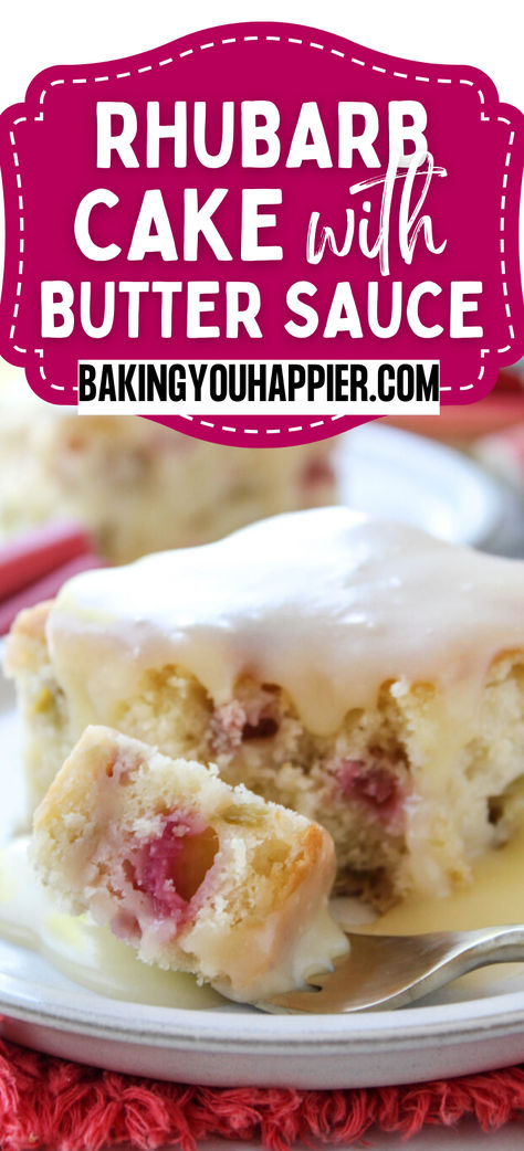 Rhubarb Cake with Butter Sauce, a soft and light old-fashioned Rhubarb Cake with a simple, sweet butter sauce poured over each slice! Blueberry Zucchini Cake, Healthy Rhubarb Recipes, Rhubarb Bread, Rhubarb Cake, Dessert Smoothie, Sweet Butter, Cinnamon Roll Cake, Rhubarb Recipes, Breakfast Cake