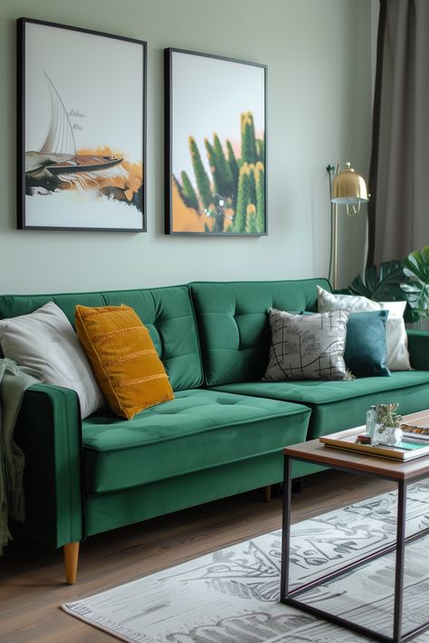 Green Sofa Bed In Living Room Design Ideas Green Sofa Ideas, Green Sofa Inspiration, Green Couch Decor, Green Sofa Bed, Green Corner Sofas, Modern Green Living Room, Green Sofas, Green Couch Living Room, Minimalist Living Room Apartment