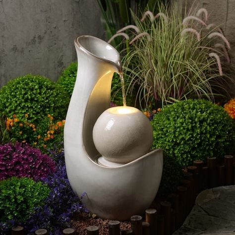 Ceramic Fountain with Lights - Ivory Elegance - Bed Bath & Beyond - 40011746 Water Feature At Front Door, Ceramic Fountain, Exterior Landscaping, Patio Fountain, Concrete Patio Makeover, Modern Fountain, Tabletop Water Fountain, Box Flowers, Bird Bath Fountain