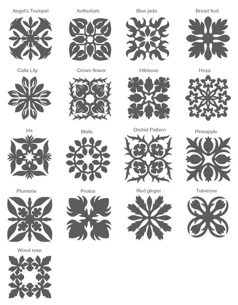 Hawaiian Embroidery Patterns, Hawaiian Quilt Blocks, Hawaiian Quilts Traditional, Hawaii Symbols, Tivaevae Patterns, Lei Tattoo, Hawaiian Pattern Design, Quilt Tattoo, Hawaiian Applique Quilt