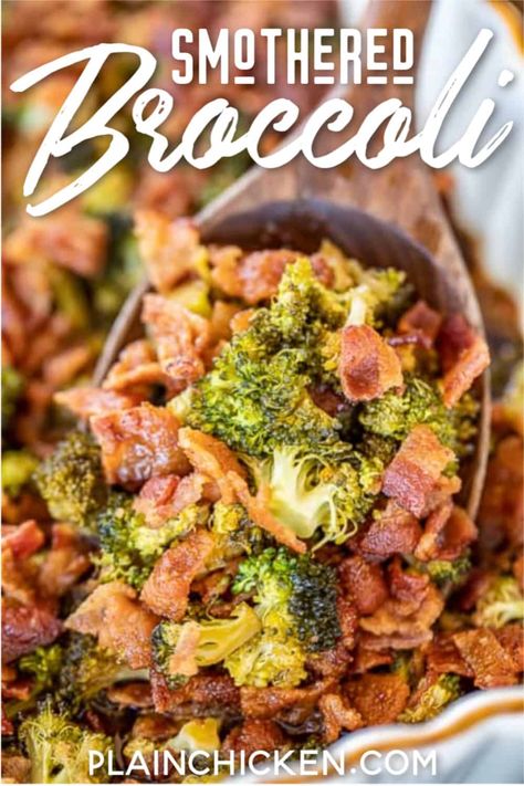 Smothered Broccoli - fresh broccoli baked in bacon, brown sugar, butter, soy sauce, and garlic. This is the most requested broccoli recipe in our house. Everybody gets seconds. SO good!! Great for a potluck. Everyone asks for the recipe! Super easy to make too! #broccoli #sidedish Broccoli With Bacon Recipes, Broccoli Bacon Recipes, Broccoli Bacon Side Dish, Broccoli And Bacon Recipes, Smothered Broccoli, Broccoli Bacon Casserole, Brocoli Casserole Recipes, Broccoli With Bacon, Oven Baked Broccoli