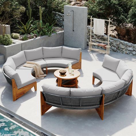 PRICES MAY VARY. ⛱️【Special Half Moon Design】Included a four-seater sofa that together creates a unique semicircular lounge. The pillows add a touch of elegance and style to your patio, garden, backyard, porch, sunroom, or pool. ⛱️【Multiple Possibilities】Whether arranged together or used separately, this patio sectional set provides a comfortable experience for you and your guests. With our exclusive throw pillows, the half-moon outdoor furniture offers extra support and comfort outdoors even in Rounded Patio Furniture, Mcm Outdoor Patio, Round Outdoor Couch, Outdoor Pool Furniture Seating Areas, High End Outdoor Furniture, Round Patio Furniture, Oversized Outdoor Chair, Outdoor Furniture Arrangement Layout, Patio Sofa Outdoor