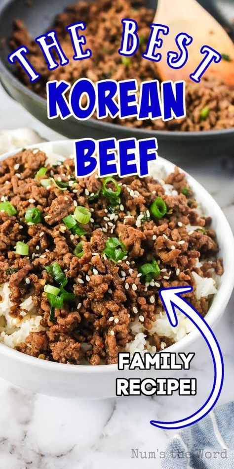 Korean Beef is all the delicious flavors of Asian BBQ whipped up in the comfort of your own home! Super easy and delicious. Spicy Korean Ground Beef, Healthy Korean Beef Recipe, Cheater Korean Beef, Easy Beef Bowls, Korean Beef Six Sisters, Korean Beef Barbeque, Easy Korean Bbq Recipes, Korean Bbq Ground Turkey, Beef Bim Bap Recipe