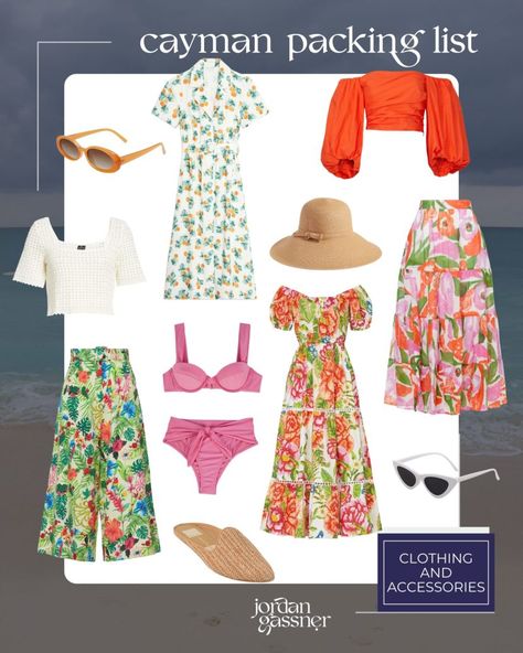 What To Wear in Cayman Islands: The One Week Packing List - Jordan Gassner 4 Day Vacation Packing List, Grand Cayman Island Outfits, Grand Cayman Outfits, Cayman Islands Outfits, One Week Packing List, Week Packing List, Grand Caymans, Jungle Outfit, Bathing Suit Accessories