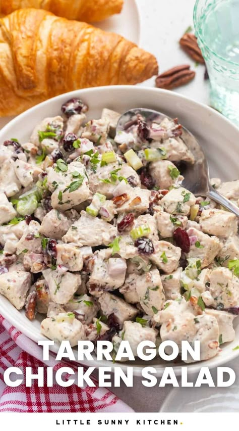 My favorite Tarragon Chicken Salad is creamy, savory, a bit sweet, and filled with dried cranberries, nuts, and herbs. Tarragon Recipes, Tarragon Chicken Salad, Walnut Chicken Salad, Little Sunny Kitchen, Chicken Salad With Grapes, Cranberry Chicken Salad, Tarragon Chicken, Cold Salads, Turkey Pasta