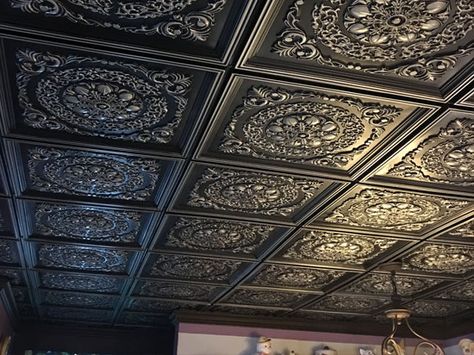 Ceiling Tiles Ideas & Photos - DecorativeCeilingTiles.net Brass Ceiling Tiles, Black Ceiling Tiles Commercial, Tin Panel Wall, Victorian Ceiling Tiles, Victorian Tin Ceiling, Tim Ceiling Tiles, Speakeasy Ceiling Ideas, Gothic Ceiling Design, Plastic Ceiling Design