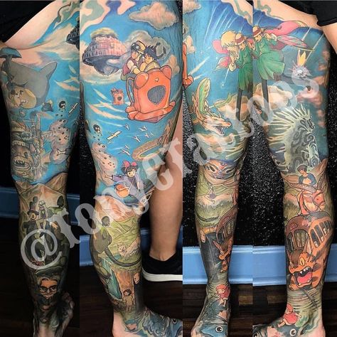 Studio Ghibli leg sleeve. By Tony Costello @ Built 4 Speed Tattoos, Orlando FL Studio Ghibli Sleeve Tattoo, St Tattoo, Anime Sleeve, Tattoo Planning, Studio Ghibli Tattoo, Ghibli Tattoo, Anime Tattoo, Leg Sleeve, Leg Tattoo