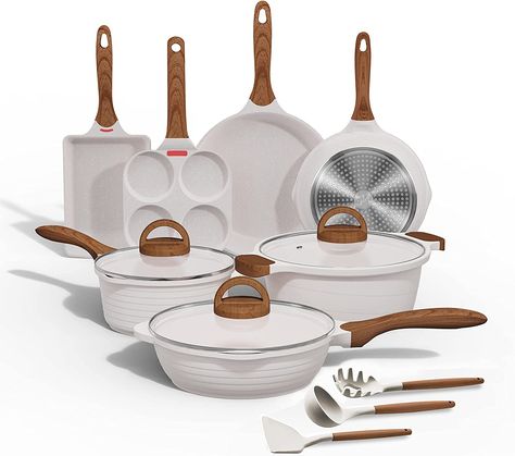 White Granite Induction Cookware Sets 13 Pieces w/Frying Pan, Saucepan, Sauté Pan, Tamagoyaki Pan, Egg Pan, Cooking Pots, PFOA Free (13pcs, White Granite) Egg Pan, Induction Stove Top, Kitchen Pans, Kitchen Cookware Sets, Professional Cooking, Induction Cookware, Nonstick Cookware Sets, Pots And Pans Sets, White Granite