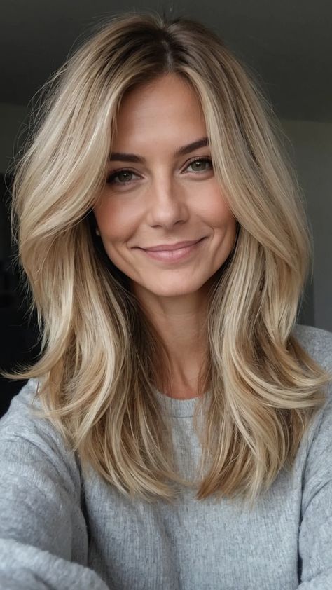 Long Haircut With Layers Side Part Thick Hair, Side Part Medium Length Hair Straight, Old Money Womens Hair, Mom Haircut Blonde, Side Part With Layers Straight Hair, Best Round Face Haircut, Side Part Long Wavy Hair, Straight Haircut For Round Face, Haircut Straight Layers