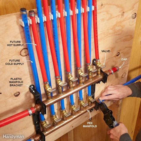 No. You can install PEX just like you would other pipe, with main lines and branches to each fixture. But you lose a lot of the benefits of PEX with this system since it requires so many fittings. With the home-run system, you install a manifold in the utility room or some area that’s close to the main water line and water heater, and run a separate PEX tube to each fixture as shown above. This system uses more tubing but is fast and only requires two connections: one at the manifold and ano... Pex Manifold, House Plumbing, Pipes And Fittings, Pex Plumbing, Pex Tubing, Pex Pipe, Plumbing Installation, Diy Plumbing, Casa Container