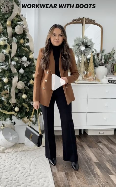 Tan Blazer Outfit, Turtleneck And Blazer, Leather Boots Black, Closet Collection, Capsule Closet, Trouser Outfit, Tan Blazer, Black Floor, Black Turtleneck