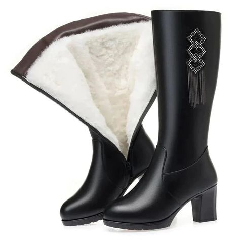 High Heel Winter Genuine Leather Women Boots Genuine Leather Knee High Boots, Women Long Boots, Boots 2022, Dress Leather Boots, Dress Boots Women, Wool Shoes, Comfort Shoes Women, Genuine Leather Boots, Boots High