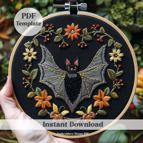 Floral Bats Hand Embroidery Pattern, Halloween Embroidery Pattern, Bats Embroidery Pattern, Hand Embroidery, DIY Embroidery, Halloween Decor - Etsy Embroidery Halloween, Halloween Floral, Embroidery Diy, Embroidery Template, Halloween Embroidery, Hand Embroidery Pattern, Halloween Bats, Hand Embroidery Patterns, Diy Embroidery