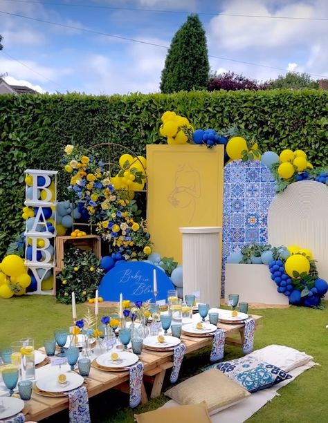 Almafi Themed Party, Almafi Coast Themed Party Decorations, Amalfi Coast Balloon Arch, Mediterranean Party Decor Ideas, Lemon Party Theme Decorations, Blue And Yellow Baby Shower Ideas, Amalfi Themed Party, Amalfi Theme Backdrop, Mediterranean Baby Shower Ideas