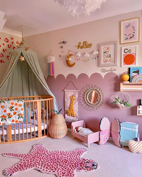 Pop Of Color Nursery, Kids Room Design Colorful, Bright Colour Nursery Ideas, Eclectic Girl Nursery, Girl Nursery Ideas Colorful, Nursery Decor Colourful, Eclectic Toddler Girl Room, Colorful Baby Room Ideas, Maximalist Baby Nursery