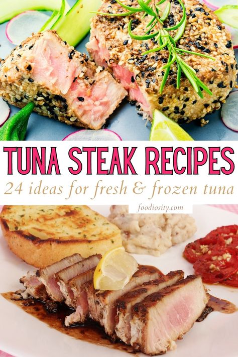 24 Tuna Steak Recipes - Easy Ideas For Fresh & Frozen Tuna - Foodiosity Tuna Steak Sandwich Recipes, Tuna Loin Recipe Baked, Tuna Filet Recipes Baked, Recipes With Fresh Tuna, Blue Fin Tuna Recipes Baked, Fresh Tuna Recipes Baked, Baked Tuna Recipes, Tun Steak Recipes, Low Sodium Tuna Steak Recipes