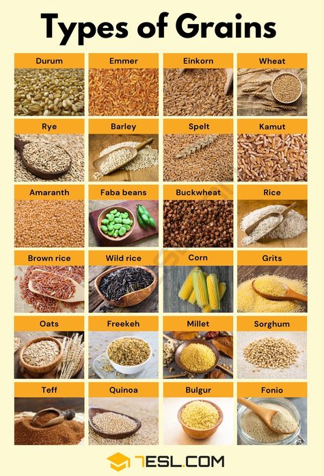 Types of Grains Food With Rice, Whole Grains List, Grains Food, Types Of Grains, Grains List, Different Types Of Food, Rice Types, Types Of Cereal, Whole Grain Foods